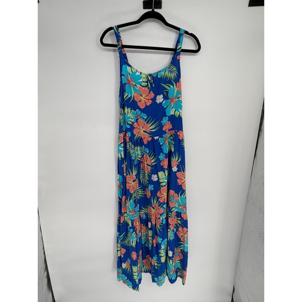 Blue Tropical Floral Tiered Maxi Dress Sleeveless Tie Front Summer Sun Dress
